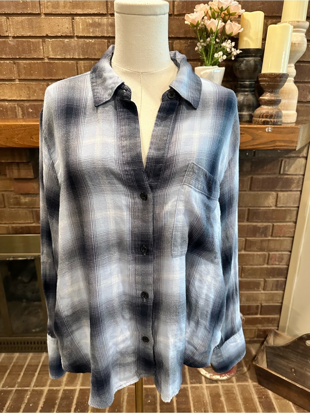 MADEWELL Blue Plaid Oversized Flannel Button Down Shirt L